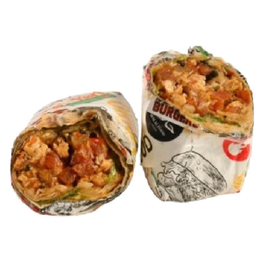 Two Peri Peri Original chicken wraps, one cut in half, revealing chicken and vegetables.